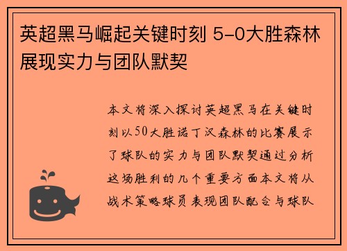 英超黑马崛起关键时刻 5-0大胜森林展现实力与团队默契 英超黑马崛起关键时刻 5-0大胜森林展现实力与团队默契